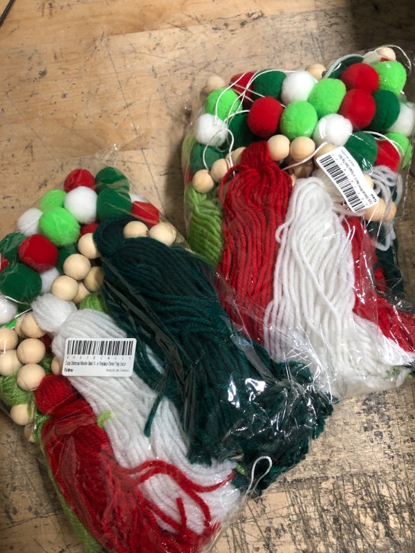 Photo 2 of 2 pack 3 Pcs Christmas Boho Tassel Garland Pom Pom Ball Banner Decorative Hanging Garland Wooden Bead Garland with Felt Candy Cane Santa Hat Green Furry Gnome for Xmas Home Fireplace Tiered Tray Decor