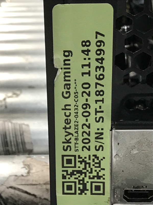 Photo 1 of PARTS ONLY DID NOT DISPLAY 
Skytech Blaze II Gaming PC Desktop – AMD Ryzen 5 5600G 3.9 GHz, RTX 3060, 500GB NVME SSD, 16G DDR4 3200, 600W Gold PSU, AC Wi-Fi, Windows 10 Home 64-bit