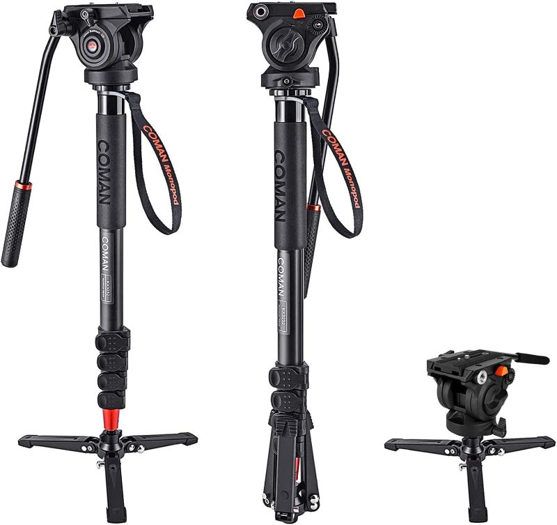 Photo 1 of Monopod, COMAN KX3232 73.2 inch Professional Monopod Tripod Lightweight Aluminum Telescopic Camera Monopod with feet and Pan Tilt Fluid Head for DSLR Video Cameras
