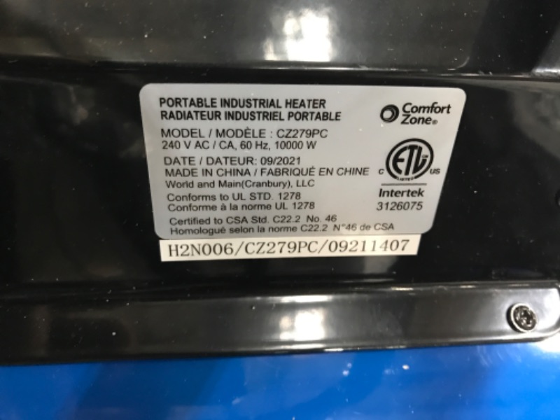 Photo 7 of Comfort Zone CZ279PC 10,000-Watt/240-Volt Hard Wired Portable Industrial Heater, NEMA 6-50R Receptacle, Steel body with Adjustable Tilt Angle, Adjustable Thermostat, & Overheat Protection