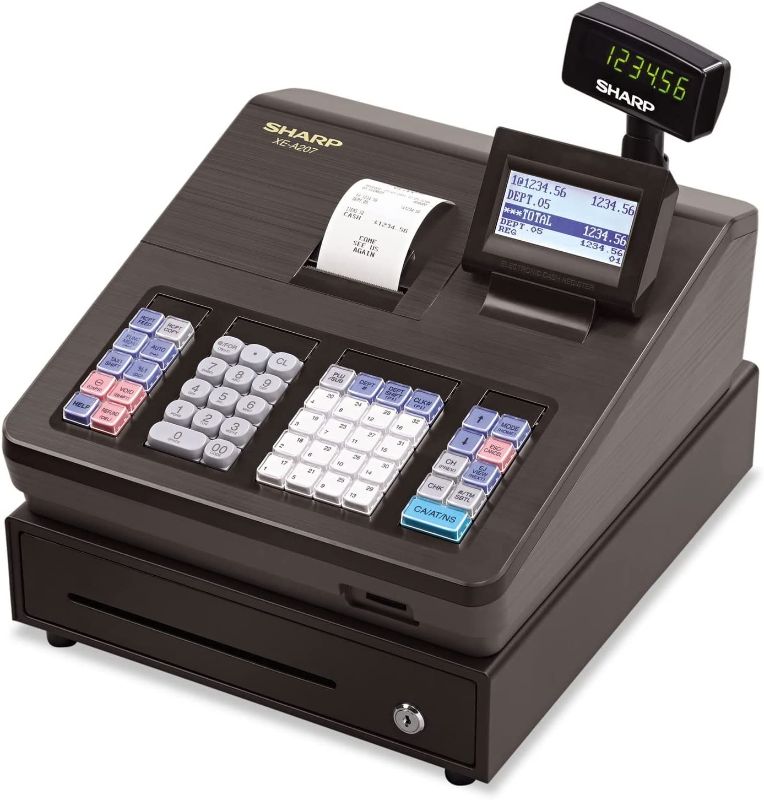 Photo 1 of **KEYS ARE TAPED TO INSIDE OF BOX**
Sharp XE-A207 Cash Register, Clear Multi-Line Operator Display, Guided Programming for Easy Set-Up, SD Card Slot for Program Backup Easy Data Transfer
