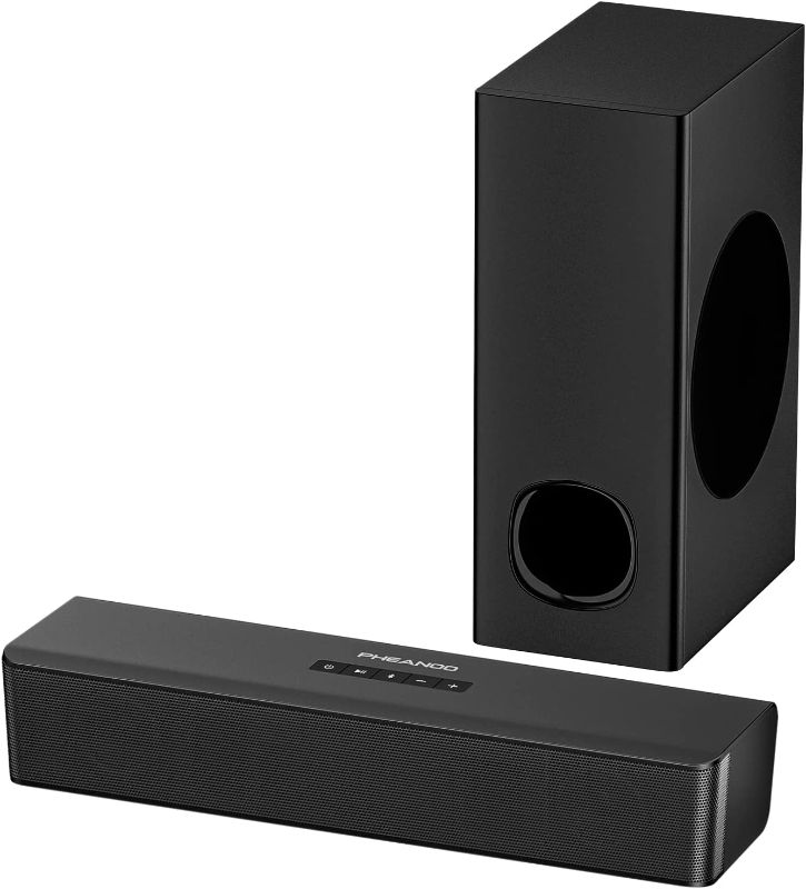 Photo 1 of PHEANOO 2.1 Compact Sound Bars for TV with Subwoofer, HDMI ARC/Bluetooth 5.0/Optical/AUX/RCA Connection, Remote Control, Adjustable Bass, Wall Mountable – P15, 140W, 16 inch
