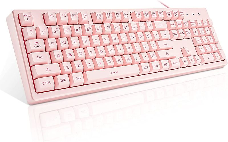 Photo 1 of Basaltech Pink Keyboard with 7-Color LED Backlit, 104 Keys Quiet Silent Light Up Keyboard, 19-Key Anti-Ghosting Cheap Gaming Keyboard Mechanical Feeling Waterproof Wired USB for Computer, Mac, Laptop
