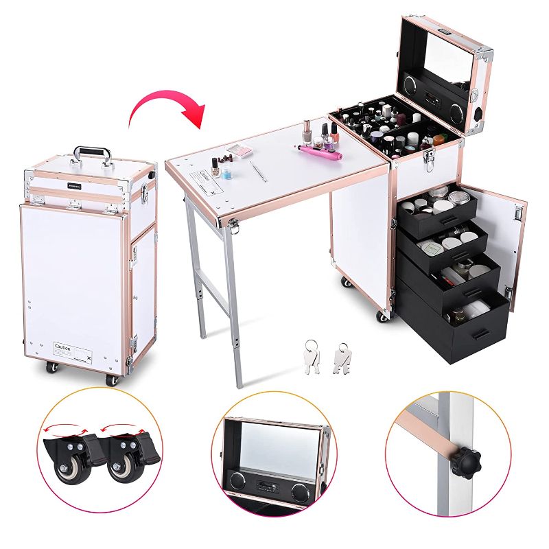 Photo 2 of 
BYOOTIQUE Foldable Rolling Manicure Table Nail Desk Makeup Train Case Cosmetic Trolley Travel Storage Organizer Nail Tables with 4 Drawers Mirror &...