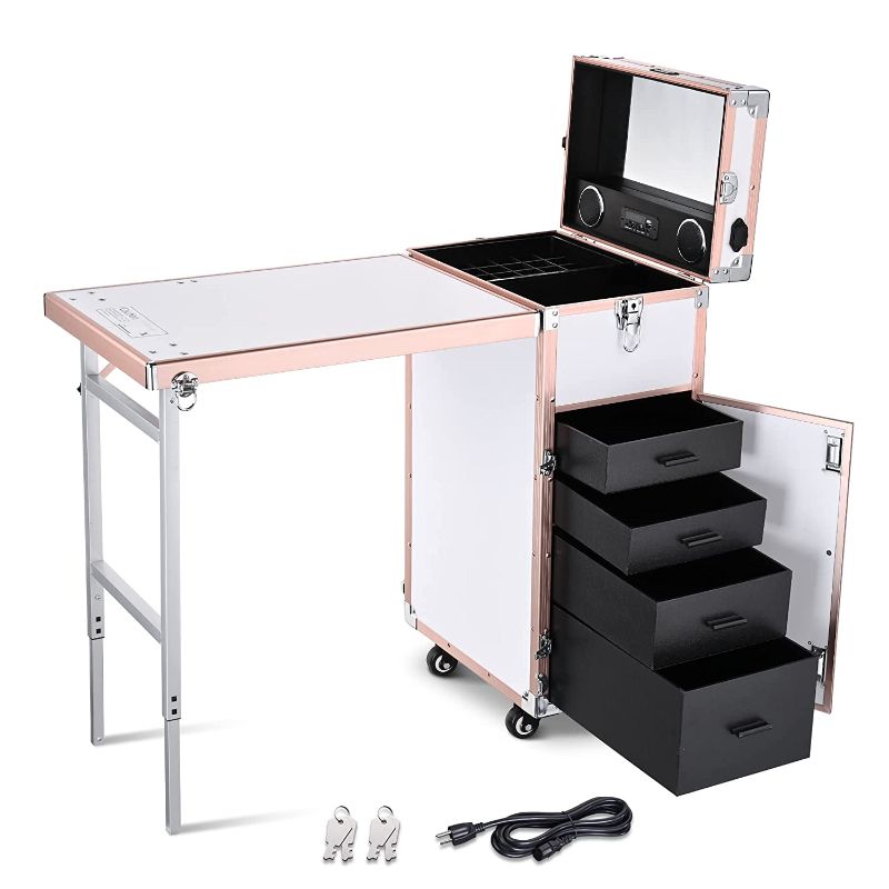 Photo 1 of 
BYOOTIQUE Foldable Rolling Manicure Table Nail Desk Makeup Train Case Cosmetic Trolley Travel Storage Organizer Nail Tables with 4 Drawers Mirror &...
