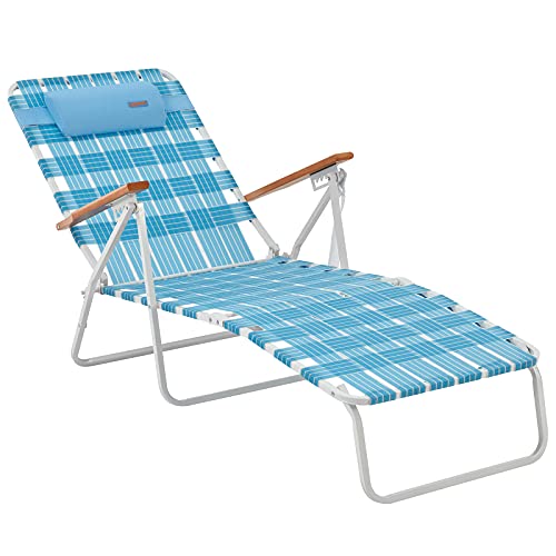 Photo 1 of #WEJOY 5 Adjustable Folding Webbing Beach Chaise Lounge Chair,Recliner Chairs Wooden Arm,Pillow for Outdoor Sunbathing
