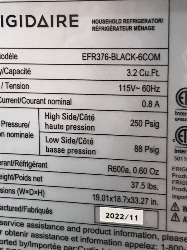 Photo 6 of *SMALL DENTS/SEE NOTES/MISSING HARDWARE** FRIGIDAIRE  3.1 Cu Ft Black Retro Bar Fridge with Side Bottle Opener (33" TALL x 18") BLACK
