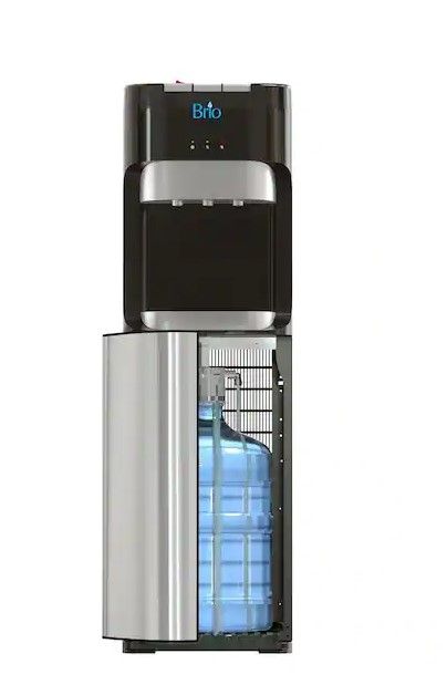 Photo 1 of Hot Cold and Room Temp Water Dispenser Cooler Bottom Load, Tri-Temp, Black and Brush Stainless Steel, Essential Series
