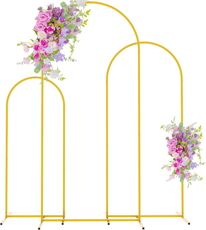 Photo 1 of Asee'm Gold Metal Door Arched Backdrop Frame Set of 3 Arches Backdrop Stand for Wedding Birthday Graduation Anniversary Celebration Opening Ceremony and Other Indoor Outdoor Parties Decoration
