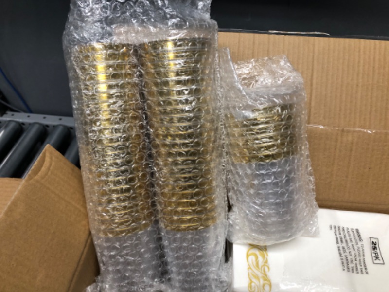 Photo 1 of 700 Piece Gold Dinnerware Set-200 Plastic Plates- 300 Gold Plastic Silverware-100 Gold Plastic Cups-100 Disposable Hand Towel- Disposable Gold Dinnerware Set for Halloween, Christmas, Thanksgiving