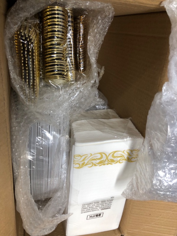 Photo 1 of 700 Piece Gold Dinnerware Set-200 Plastic Plates- 300 Gold Plastic Silverware-100 Gold Plastic Cups-100 Disposable Hand Towel- Disposable Gold Dinnerware Set for Halloween, Christmas, Thanksgiving