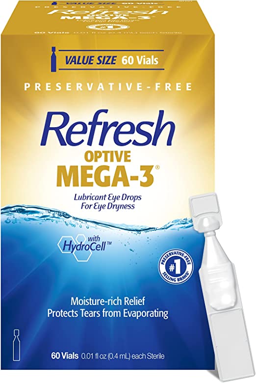 Photo 1 of **EXPIRES MAY2023** Refresh Optive Mega-3 Lubricant Eye Drops, Preservative-Free, 0.01 Fl Oz Single-Use Containers, 60 Count
