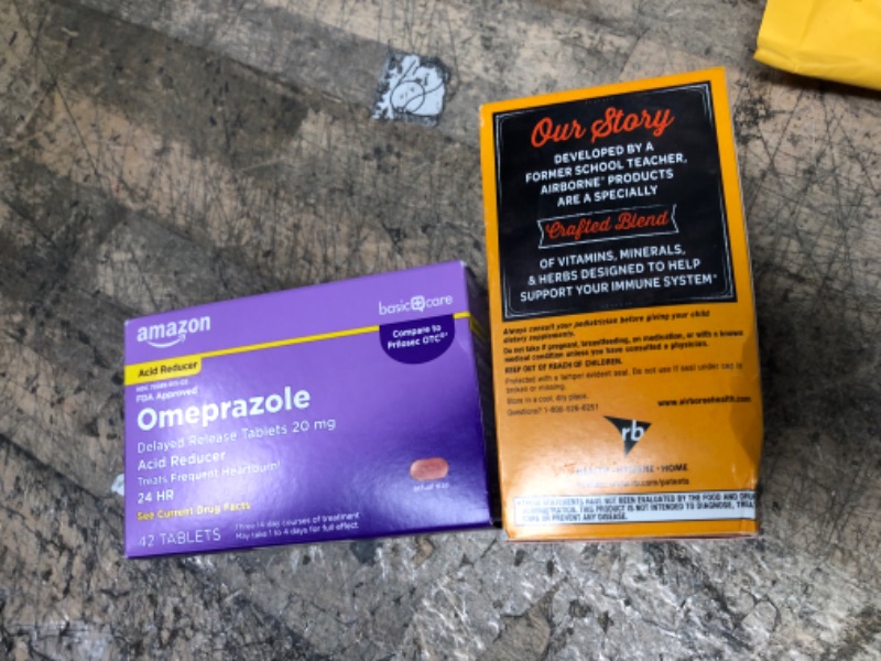 Photo 1 of EXP- 11/23, BUNDLE OF, Airborne 1000mg Chewable Tablets with Zinc, Immune Support Supplement with Powerful Antioxidants Vitamins A C & E - 96 Tablets, Citrus Flavor Citrus 96 Count (Pack of 1)
AND, EXP- 4/23, Basic + Care Omeprazole Acid Reducer 20mg 42 T