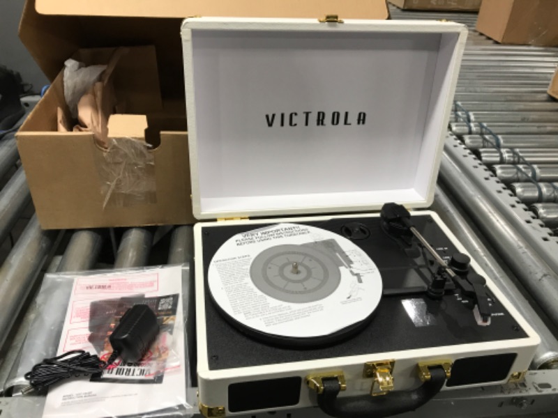 Photo 2 of Victrola Vintage 3-Speed Bluetooth Portable Suitcase Record Player with Built-in Speakers | Upgraded Turntable Audio Sound| White (VSC-550BT-WH)
