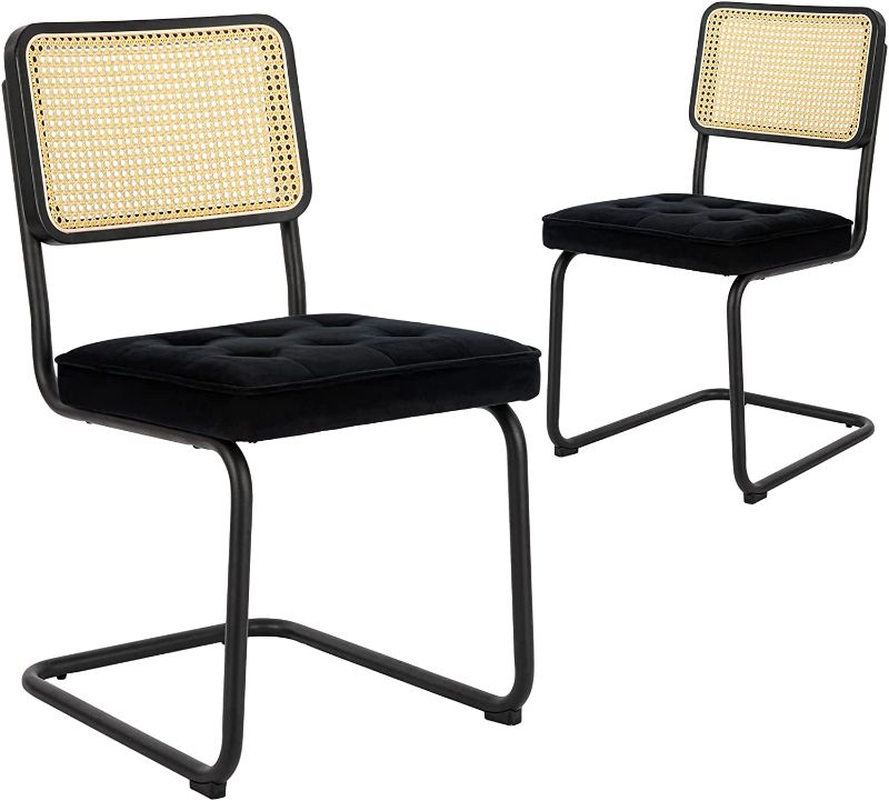 Photo 1 of *Opened Hardware-Unknown if Missing* COLAMY Mid Century Modern Dining Chairs Set of 2, Velvet Rattan Dining Room Kitchen Side Chairs with Metal Chrome Legs and Upholstered Seat for Home, Living Room, Bedroom - Black
