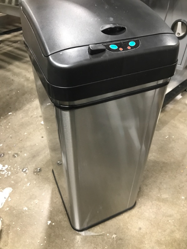 Photo 3 of *Unable to Test/Missing Power Cord* iTouchless 13 Gallon Kitchen Trash Can with AbsorbX Odor Filter System, Powered by Batteries (not Included) or Optional AC Adapter (Sold Separately), Original Stainless Steel
