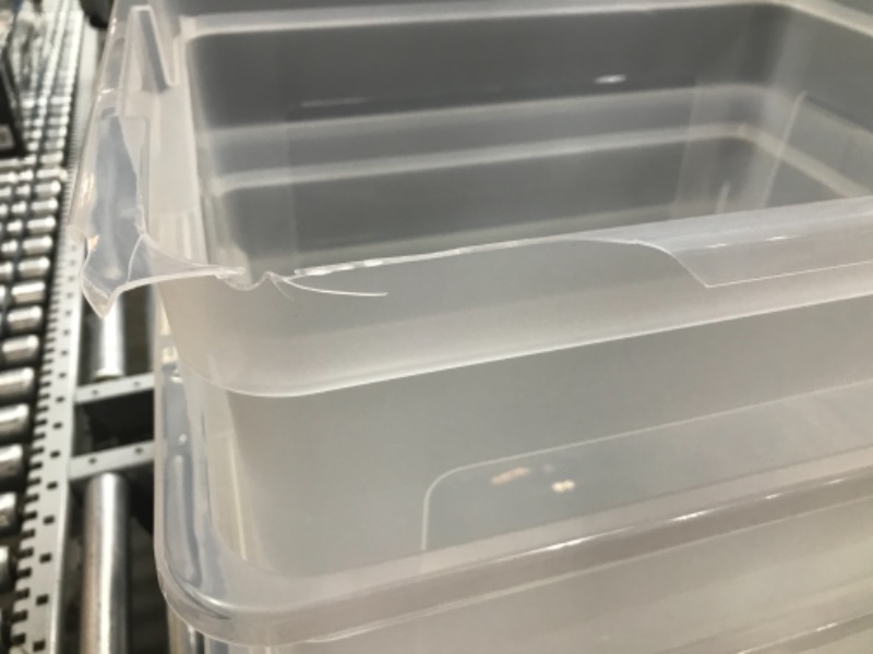 Photo 2 of *** shipping damage to one of the totes and lid is still functional ***
IRIS USA Letter & Legal Size Plastic Storage Bin Tote Organizing File Box with Durable and Secure Latching Lid, Stackable and Nestable, 4 Pack, Clear 4-Pack - Clear