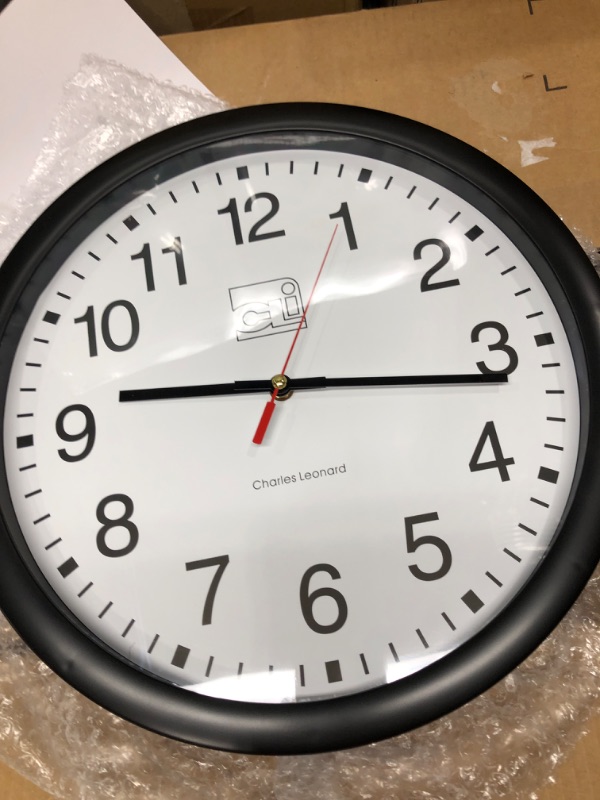 Photo 2 of *** WORKS *** Charles Leonard Wall Clock, 14 Inch Thinline Quartz with 12 Inch Dial, Analog with Second Hand, Black/White (76820)