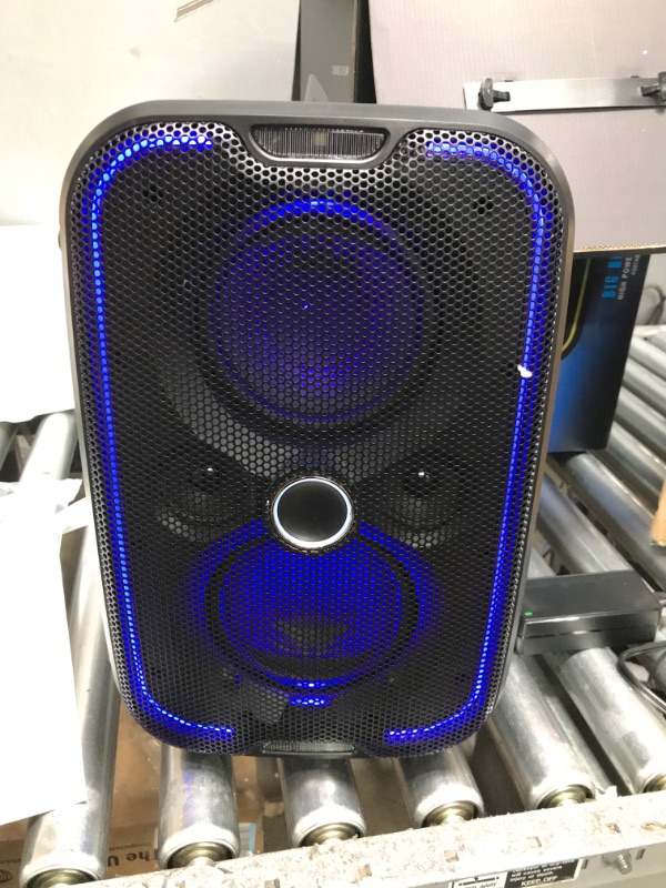 Photo 2 of *UNABLE TO CONNECT TO BLUETOOTH* Brookstone Big Blue Go 60 Watt Wireless Indoor Outdoor Portable Speaker, Built in Qi Charging Pad, LED Light Show, Bluetooth 5.0, IPX5 Water Resistant, Tap to Link Multiple Speakers, Karaoke Mic Input