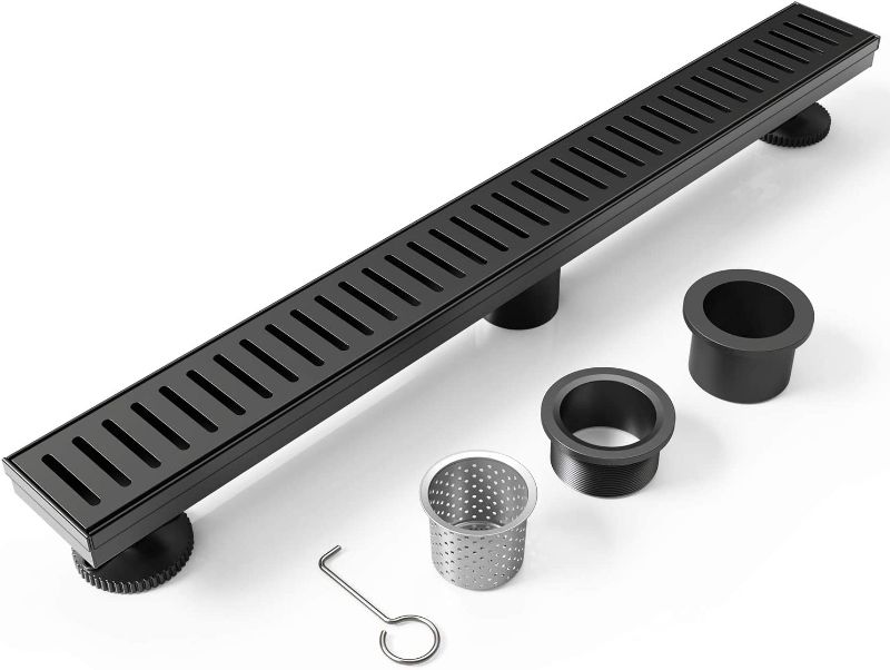 Photo 1 of **Stock photo used for reference only **** WEBANG 24 Inch Shower Linear Black Drain Rectangular Floor Drain with Accessories Capsule Pattern Cover Grate Removable SUS304 Stainless Steel CUPC Certified Matte Black

