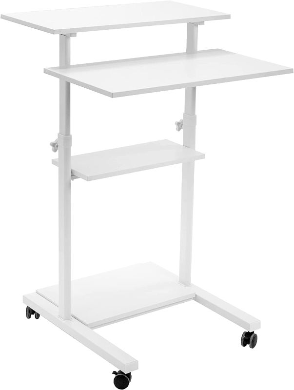 Photo 1 of Used *** VIVO Mobile Height Adjustable Table Stand Up Desk with Storage, Computer Workstation Rolling Presentation Cart, White, CART-V02DW
