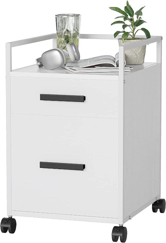 Photo 1 of FEZIBO 2-Drawer Mobile File Cabinet, Modern Nightstand, Industrial Bedside Table with Open Shelf for Bedroom, End Table, Wooden Storage Cabinet, White
