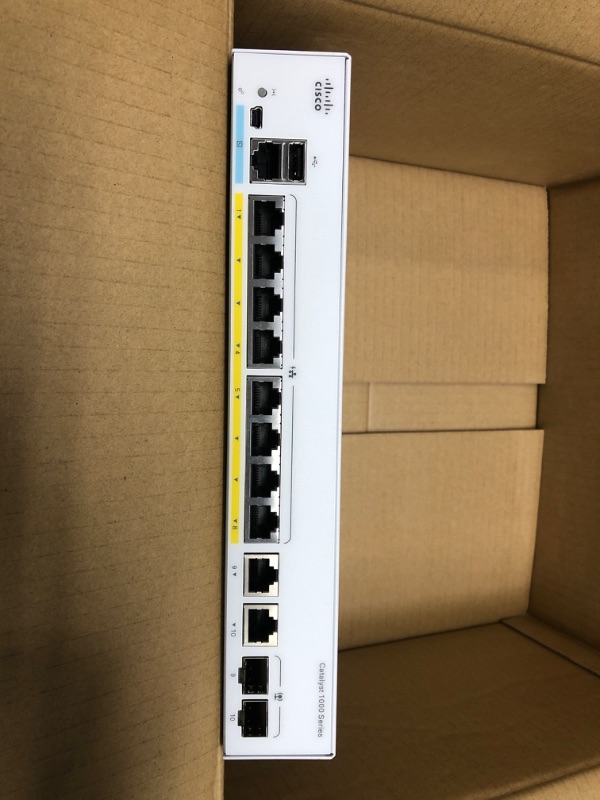 Photo 1 of Cisco Catalyst 1000-8FP-E-2G-L Network Switch, 8 Gigabit Ethernet PoE+ Ports, 120W PoE Budget, 2 1G SFP/RJ-45 Combo Ports, Fanless Operation, Enhanced Limited (C1000-8FP-E-2G-L)