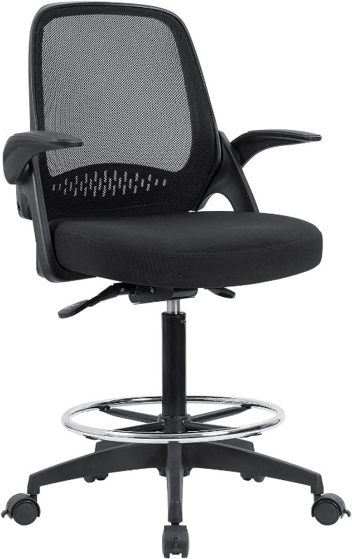 Photo 1 of Devoko Drafting Chair Tall Office Chair with Flip-up Armrests Executive Computer Standing Desk Chair with Lockable Wheels and Adjustable Footrest Ring (Black)
