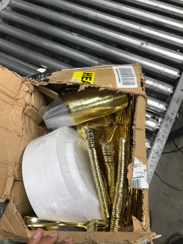 Photo 2 of 600 Piece Gold Dinnerware Set - 100 Gold Rim 10 inch Plastic Plates 100 Gold Rim 7 Inch Plates -300 Gold Plastic Silverware - 100 Gold Plastic Cups - 100 Guest Disposable Gold Dinnerware Set