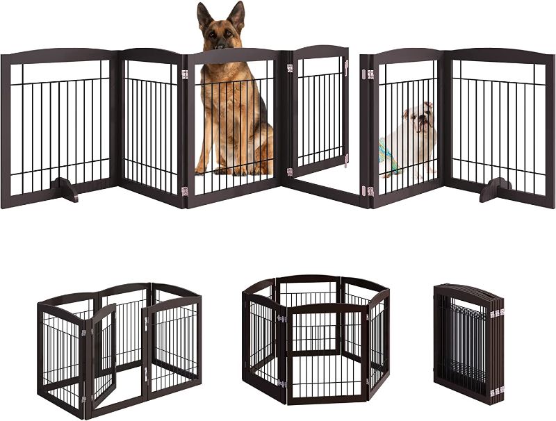 Photo 1 of 4NM No-Assembly Folding 144" Extra Wide 30" Tall Wooden Dog Gate with Door Walk Through, Freestanding Wire Pet Gate, Accordion Puppy Gate, with 2PCS Support - Espresso
