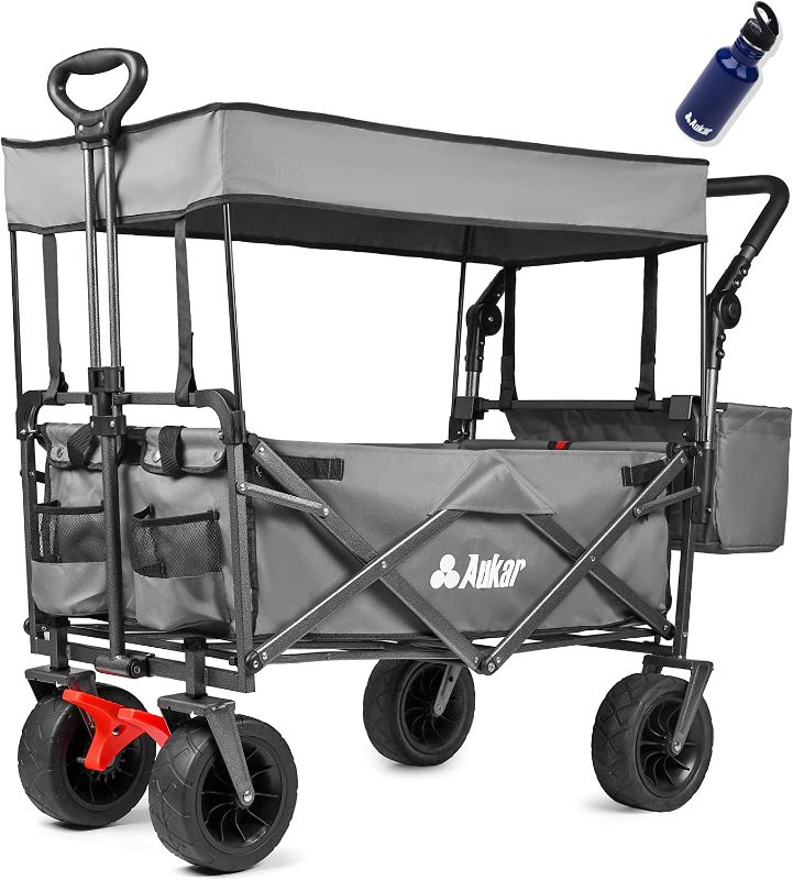 Photo 1 of AUKAR Collapsible Canopy Wagon - Heavy Duty Utility Outdoor Foldable Garden Cart - with Adjustable Push Pulling Handles, Big Wheels for Sand, for Shopping, Picnic, Camping, Sports - Grey