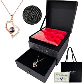 Photo 1 of Haawooky Preserved Rose Flower Gift Box,Handmade Eternal Rose with I Love You Necklace 100 Languages,Rose