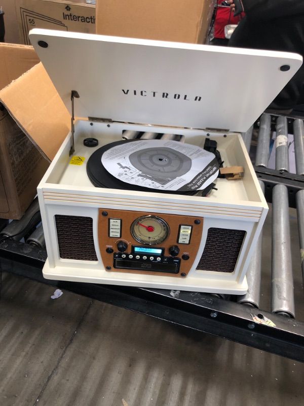 Photo 3 of Victrola 8-in-1 Bluetooth Record Player & Multimedia Center, Built-in Stereo Speakers - Turntable, Wireless Music Streaming, Real Wood | White White Entertainment Center