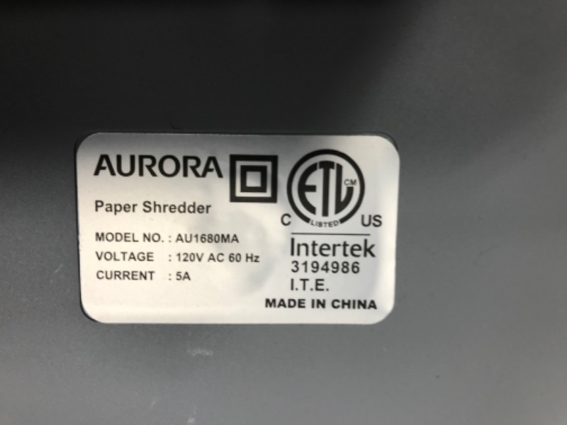 Photo 2 of DEFECTIVE ** READ NOTES Aurora Heavy Duty High Security 16-Sheet Micro-Cut Shredder/Anti-Jam/60 Min Run Time/ 7-Gallon Pullout Basket and Casters 16-Sheet MicroCut 60-Min Run Time