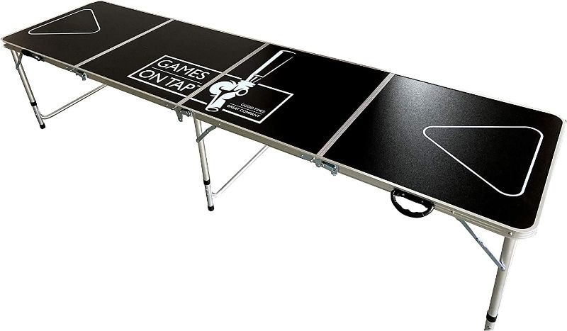 Photo 1 of Games On Tap Beer Pong Table, Portable and Foldable 8 Foot Long, Adjustable Height, Black, Ideal for College Tailgate Parties, 6 Pong Balls Included
