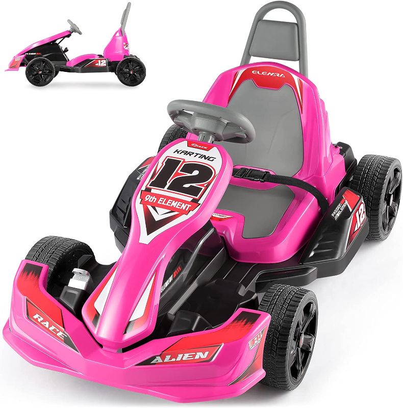 Photo 1 of ** DAMAGED FRONT WHEEL** ELEMARA Electric Go Kart for Kids, 12V 2WD Battery Powered Ride On Cars with Parent Remote Control for Boys Girls,Vehicle Toy Gift with Adjustable Seat,Safety Belt,MP3,Horn,Music,Pink
