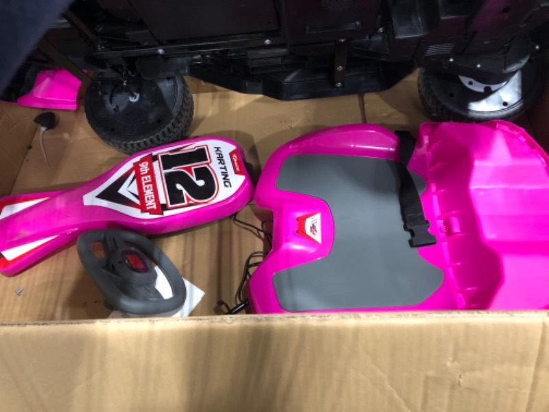 Photo 4 of ** DAMAGED FRONT WHEEL** ELEMARA Electric Go Kart for Kids, 12V 2WD Battery Powered Ride On Cars with Parent Remote Control for Boys Girls,Vehicle Toy Gift with Adjustable Seat,Safety Belt,MP3,Horn,Music,Pink
