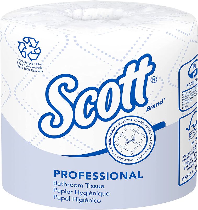 Photo 1 of 78 ROLLS Scott® Professional 100% Recycled Fiber Standard Roll Bathroom Tissue (13217), 2-Ply, White, 78 Rolls / Case, 473 Sheets / Roll, 37,840 Sheets / Case