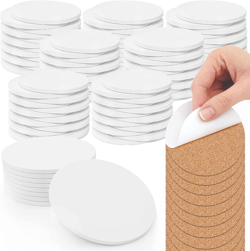 Photo 1 of 100 Pack Ceramic Tiles for Crafts Coasters, Round White Tiles Unglazed 4-Inches with Cork Backing Pads, for Alcohol Ink or Acrylic Pouring, DIY Make Your Own Coasters, Mosaics, Painting Projects