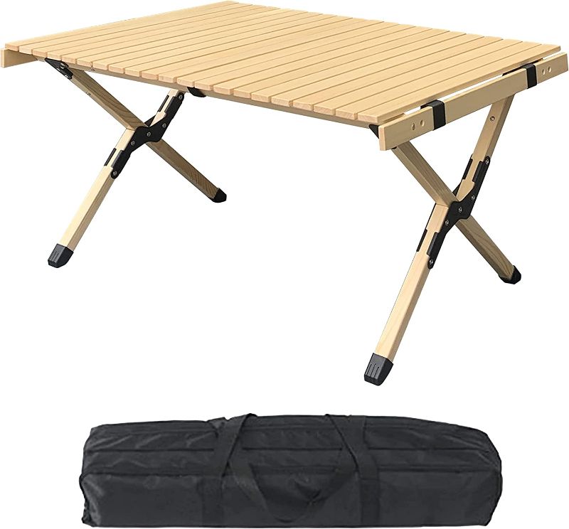 Photo 1 of  3ft Low Portable Picnic Table, Boho Picnic Table with Carry Bag, Wooden Folding Table Foldable, Adjustable Height Roll Up Floor Table Indoor Outdoor Camping, BBQ, Travel, Beach, Party
