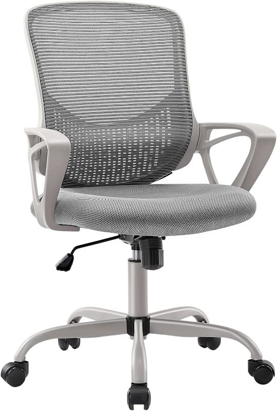 Photo 1 of Ergonomic Office Chair - Home Desk Mesh Chair with Fixed Armrest, Executive Computer Chair with Soft Foam Seat Cushion and Lumbar Support, Grey
