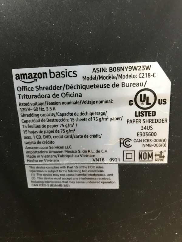 Photo 1 of Amazon Basics 15-Sheet Cross Cut Paper Shredder and Credit Card CD Shredder with 6 Gallon Bin 15 Sheet - new model Shredder
