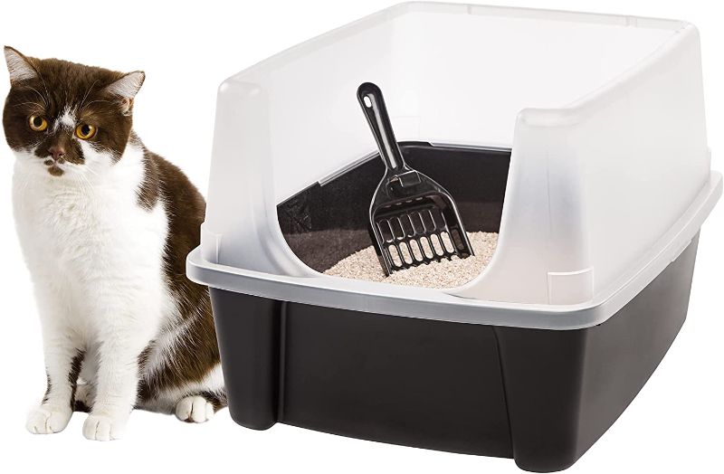Photo 1 of IRIS USA Open Top Cat Litter Tray with Scoop and Scatter Shield, Sturdy Easy to Clean Open Air Kitty Litter Pan with Tall Spray and Scatter Shield, Black/Clear