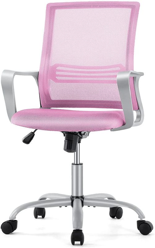 Photo 1 of Mesh Modern Office Desk Chair, Mid Back Lumbar Support Padded Seat and Armrest Computer Chair, Adjustable Height Ergonomic Home 360 Degree Swivel Rolling Rocking Mode Breathable Executive Chair, Pink
