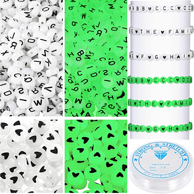 Photo 1 of 1000 Pieces Alphabet Letter Beads 4×7mm Glow in The Dark Bead Acrylic UV Beads Flat Luminous Bead Solar Beads with Elastic Cord for DIY Bracelet Necklace Jewelry Making
