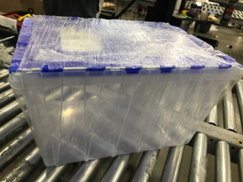 Photo 2 of Akro-Mils 66486 12-Gallon Plastic Stackable Storage Keepbox Tote Container with Attached Hinged Lid, 21-1/2-Inch x 15-Inch x 12-1/2-Inch, Clear/Blue Clear/Blue Keep Box