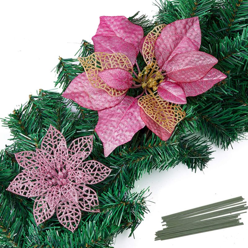 Photo 1 of VANNYSTER CHRISTMAS POINSETTIA ORNAMENT, GLITTER CHRISTMAS TREE DECORATION, ARTIFICIAL POINSETTIA FLOWER XMAS HOLIDAY HOME DECOR, PACK OF 24, PINK