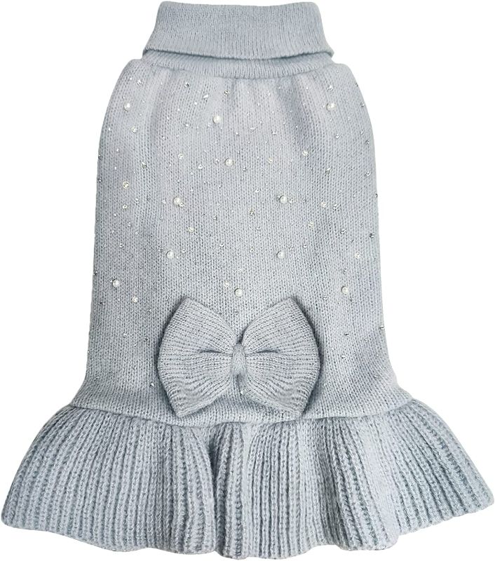 Photo 1 of KYEESE DOG SWEATER DRESS WITH RHINESTONES TURTLENECK DOG KNITWEAR WITH BOWTIE FOR SMALL DOGS DOG COAT FALL WINTER, GREY,L