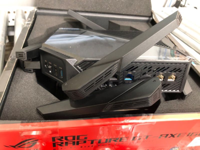 Photo 3 of ASUS ROG RAPTURE WIFI 6E GAMING ROUTER (GT-AXE16000) - QUAD-BAND, 6 GHZ READY, DUAL 10G PORTS, 2.5G WAN PORT, AIMESH SUPPORT, TRIPLE-LEVEL GAME ACCELERATION, LIFETIME INTERNET SECURITY, INSTANT GUARD
