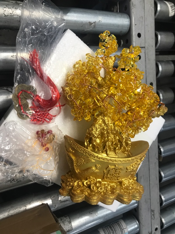 Photo 2 of Feng Shui Money Tree Crystal Yellow Quartz Lucky Tree Golden Ingot Bottom with Rotating Sandalwood Base Chinese Copper Coin String Decoration for Wealth/Fortune and Luck (Large: 32cm) Large: 10.23''x3.94''x11.81''